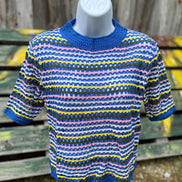 Blue multi-striped Miss Sparkling top with long sleeves and a relaxed fit, shown on a mannequin.