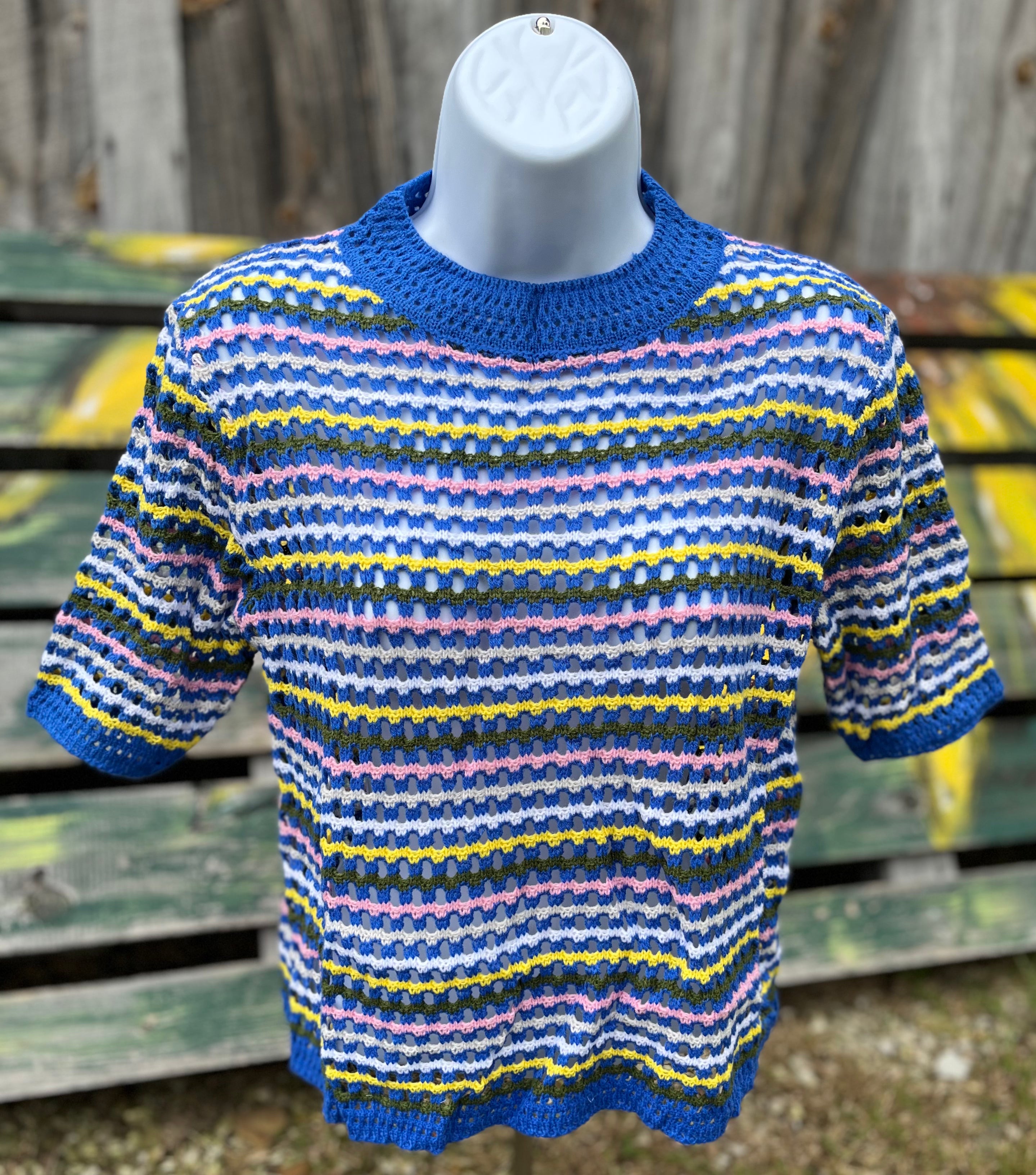 Blue multi-striped Miss Sparkling top with long sleeves and a relaxed fit, shown on a mannequin.