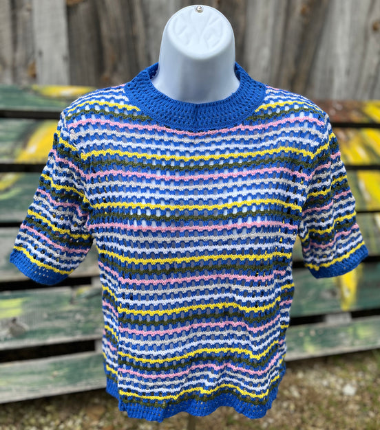 Blue multi-striped Miss Sparkling top with long sleeves and a relaxed fit, shown on a mannequin.