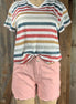 ESLEY brand. High-waisted, light wash denim. Available in blush or blue. Top clasp w/ elastic waist, pockets & shredded hem.