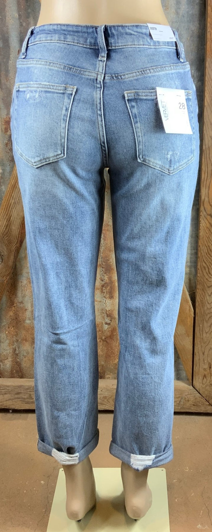 VERVET by FLYING MONKEY brand. Distressed Stretch Boyfriend Jeans with stretchy, slouchy fit and double cuff hem.