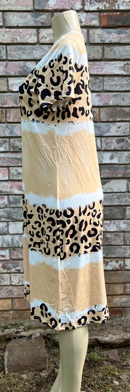 Cream leopard print T-shirt dress by Shiying Fashion, featuring a relaxed fit and casual style, shown on a model.