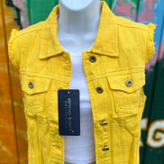 Anna-Kaci denim cropped vest featuring classic blue denim fabric and a sleeveless design, perfect for casual layered looks.