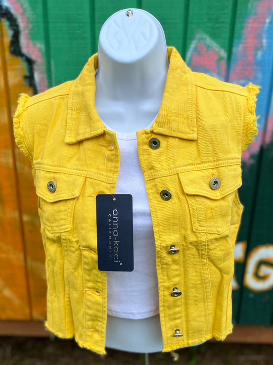 Anna-Kaci denim cropped vest featuring classic blue denim fabric and a sleeveless design, perfect for casual layered looks.