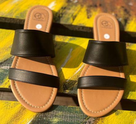 Black strap sandals from Miami Shoe featuring multiple adjustable straps and a flat sole for casual summer wear.
