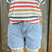ESLEY brand. High-waisted, light wash denim. Available in blush or blue. Top clasp w/ elastic waist, pockets & shredded hem.