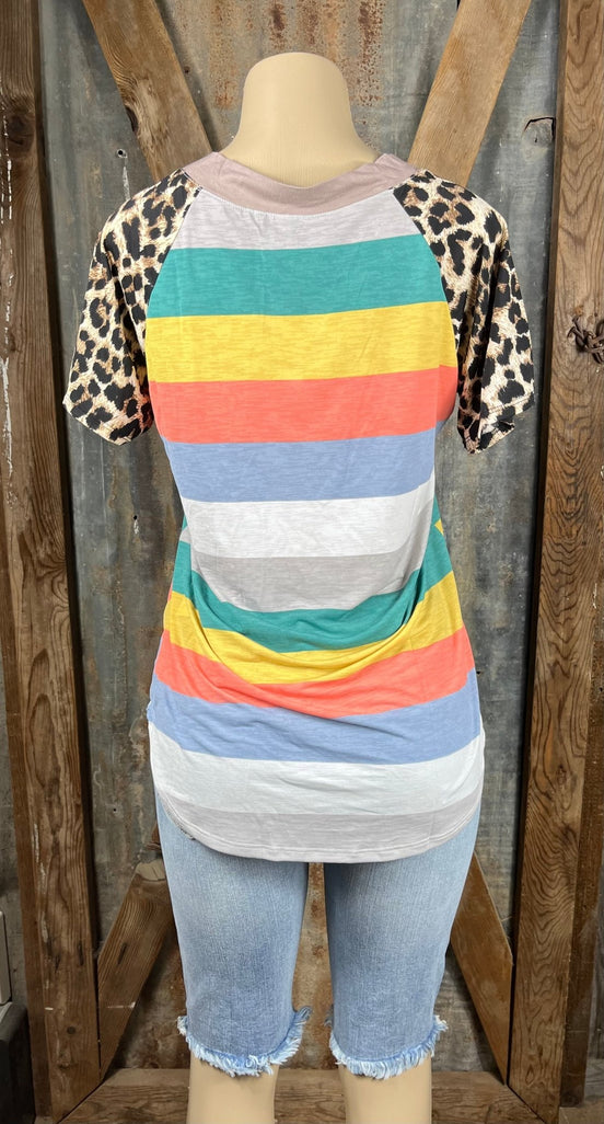 Celeste Clothing brand. Mocha cut out V-neck, multicolored block stripes and contrasting leopard short sleeves.