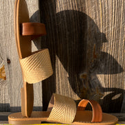 Tan combo sandals by Miami Shoe featuring stylish straps and open-toe design, displayed on a plain background.