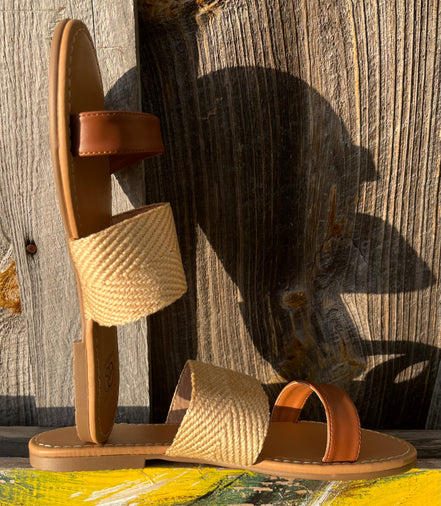 Tan combo sandals by Miami Shoe featuring stylish straps and open-toe design, displayed on a plain background.