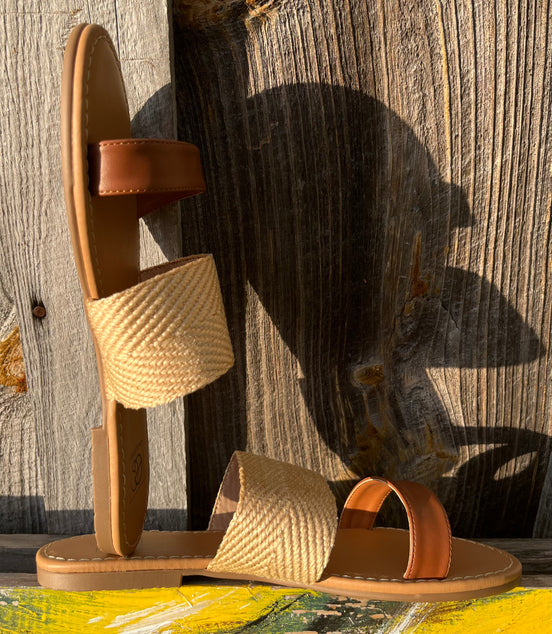 Tan combo sandals by Miami Shoe featuring stylish straps and open-toe design, displayed on a plain background.