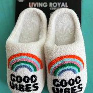 Living Royal Good Vibes slippers featuring colorful, cozy slip-ons with fun printed designs on soft fabric.