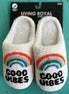 Living Royal Good Vibes slippers featuring colorful, cozy slip-ons with fun printed designs on soft fabric.