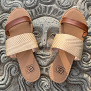 Tan combo sandals from Miami Shoe featuring strappy design and open toe, without box, perfect for casual summer wear.