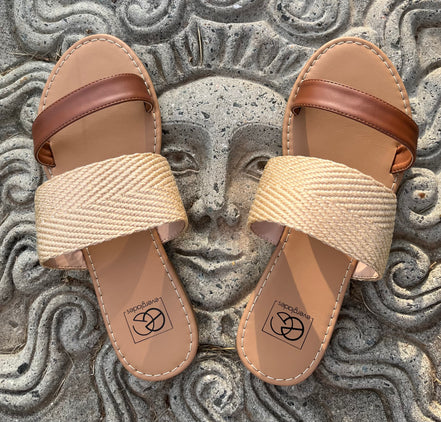 Tan combo sandals from Miami Shoe featuring strappy design and open toe, without box, perfect for casual summer wear.