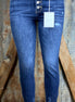 KanCan brand. These true to size fit jeans have a button fly with high rise ankle, distressed accents and frayed hems.