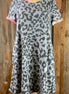 Celeste Clothing brand. Bluish gray knit with leopard print and multicolored trim around neck and short sleeves. S, M, L $20