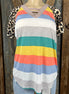 Celeste Clothing brand. Mocha cut out V-neck, multicolored block stripes and contrasting leopard short sleeves.