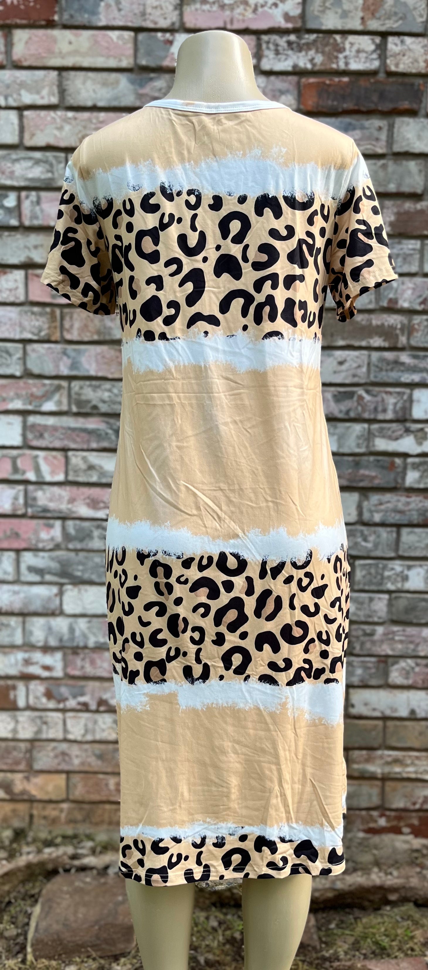 Cream leopard print T-shirt dress by Shiying Fashion, featuring a casual fit and short sleeves, perfect for everyday wear.