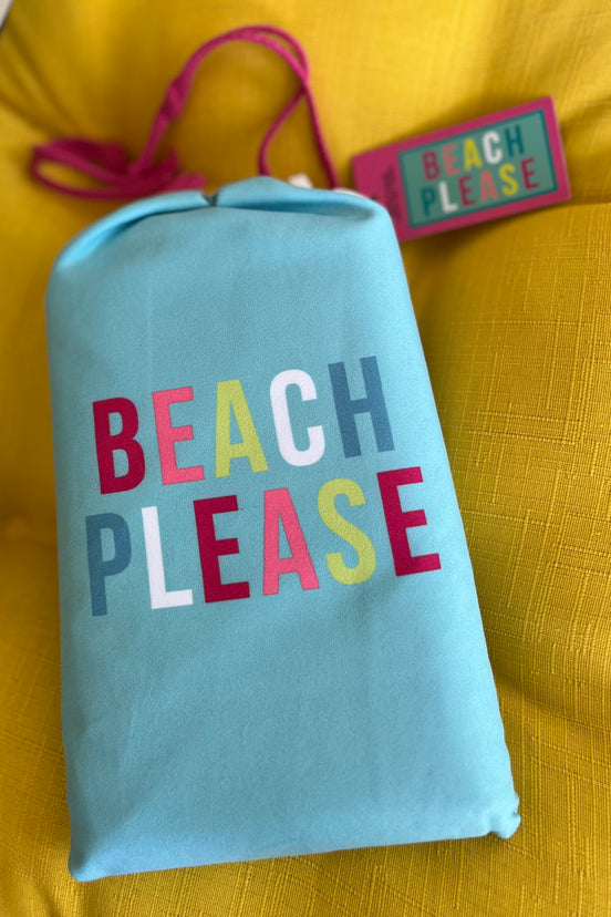 Katydid Beach Please quick dry beach towel spread out on sandy shore with vibrant, tropical print perfect for beach days