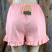 Main Strip brand. Drawstring tie waisted shorts with ruffled bottom hem. Loose fit. Available in Dusty Rose and Black.
