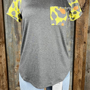 Celeste Clothing brand. Charcoal gray bodice with multicolored leopard short sleeves in yellow, orange and gray top.