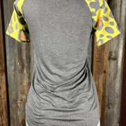 Celeste Clothing brand. Charcoal gray bodice with multicolored leopard short sleeves in yellow, orange and gray top.