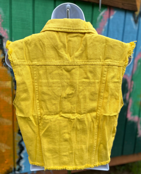 Anna-Kaci denim cropped vest featuring classic blue denim fabric and a sleeveless design, perfect for casual layered outfits.