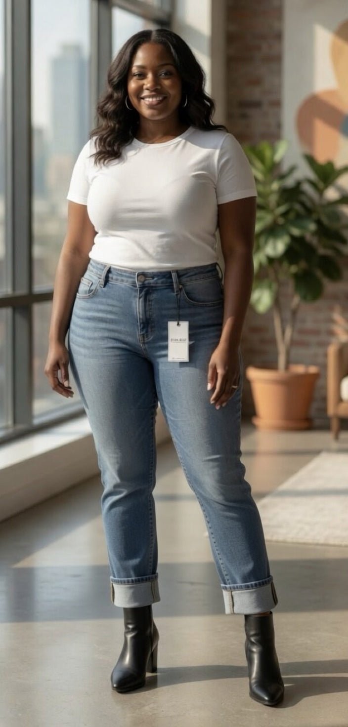 Light-wash Judy Blue Boyfriend Plus jeans with relaxed fit and distressed details, showcasing casual denim style.
