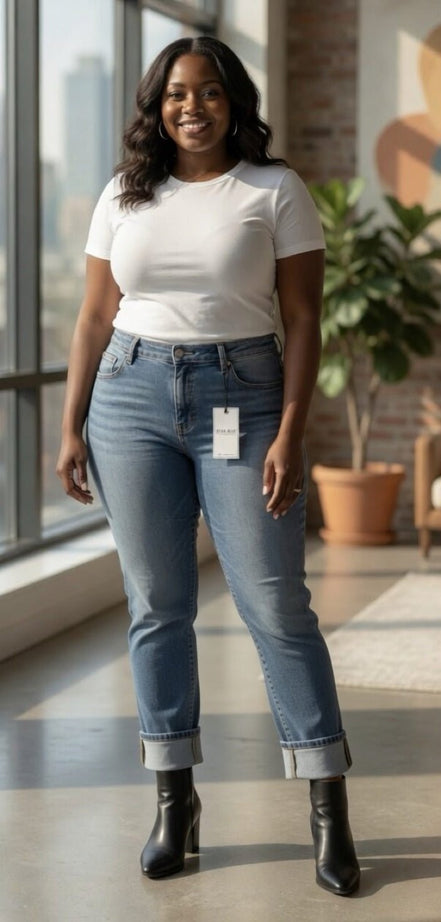 Light-wash Judy Blue Boyfriend Plus jeans with relaxed fit and distressed details, showcasing casual denim style.
