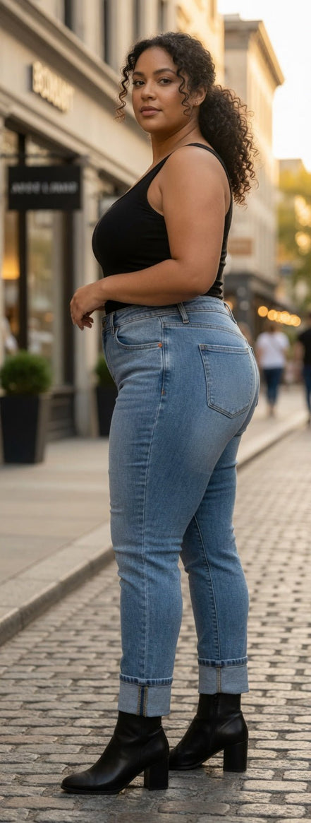 Light blue Judy Blue Boyfriend Plus jeans with relaxed fit, distressed details, and classic five-pocket design.