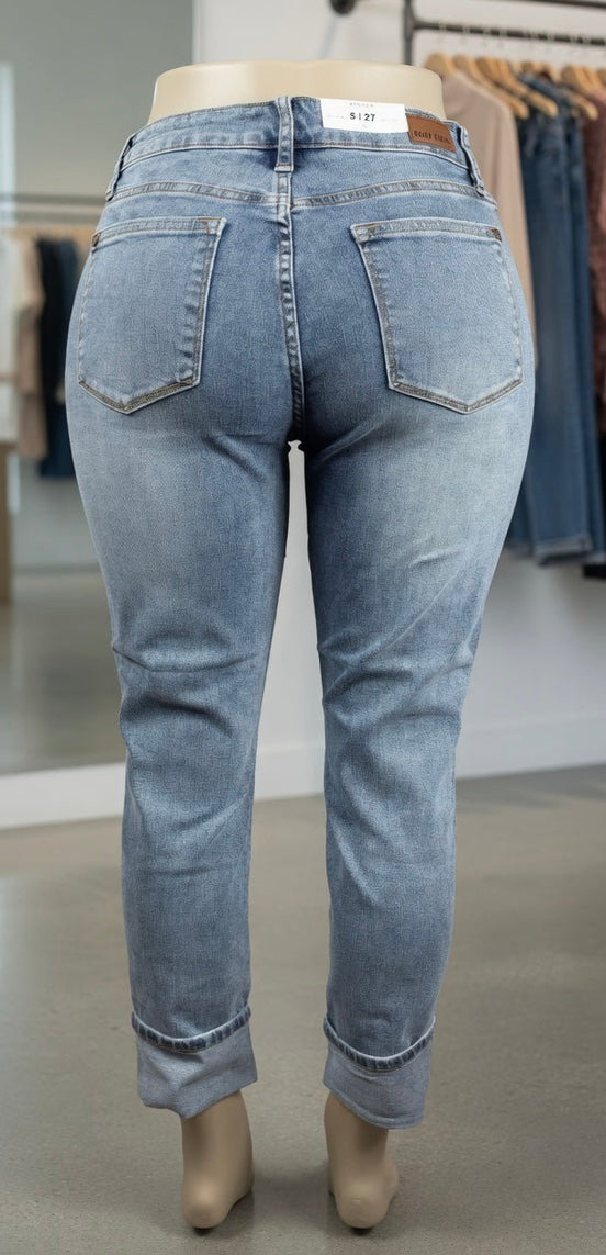 Light-wash Judy Blue Boyfriend Plus jeans showing relaxed fit, distressed details, and classic five-pocket design on a white background.