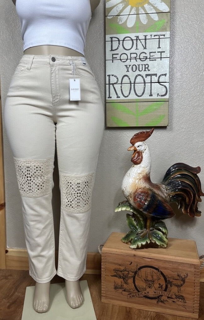 Light-colored Judy Blue Ecru Plus Jeans showing fit and denim texture on a model.