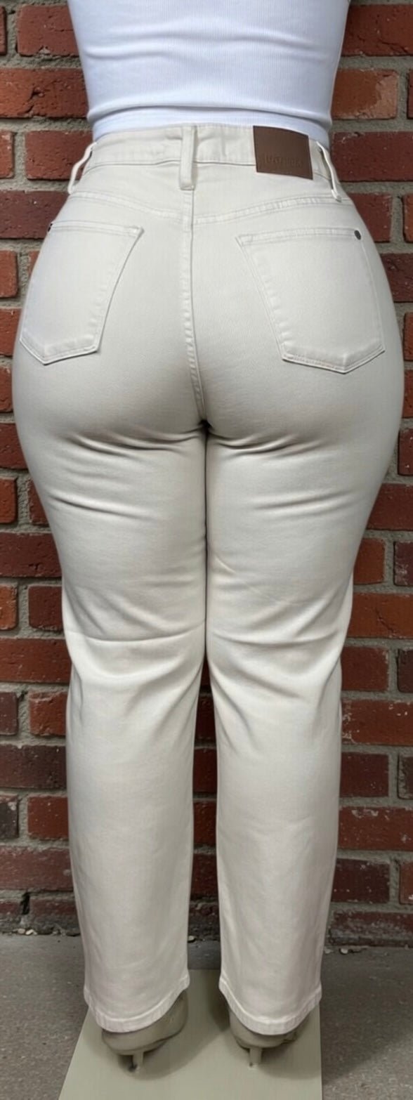 Judy Blue Ecru Plus Jeans showcasing high-waisted fit and classic denim texture in a light beige color.