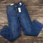 Judy Blue cargo jeans featuring multiple pockets, relaxed fit, and classic denim wash, perfect for casual wear.