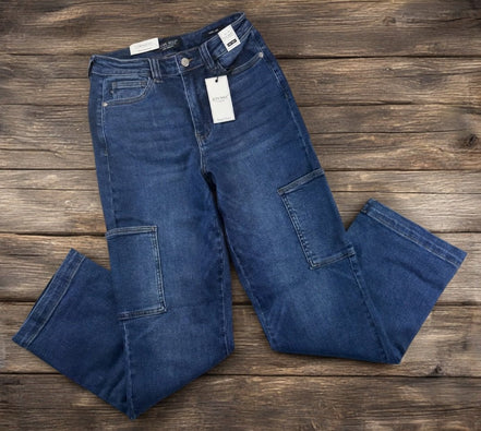 Judy Blue cargo jeans featuring multiple pockets, relaxed fit, and classic denim wash, perfect for casual wear.