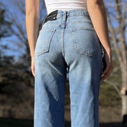 Light blue The Cool Dad Jean by Just Black Denim displayed on a mannequin, showcasing classic fit and stylish denim detailing.