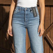 Dark blue The Cool Dad Jean by Just Black Denim showing a relaxed fit with classic five-pocket design and sturdy denim fabric.