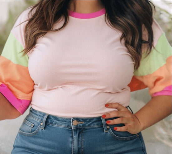 Little Daisy Closet color block half sleeve top featuring vibrant, contrasting fabric sections and a casual, comfortable fit.