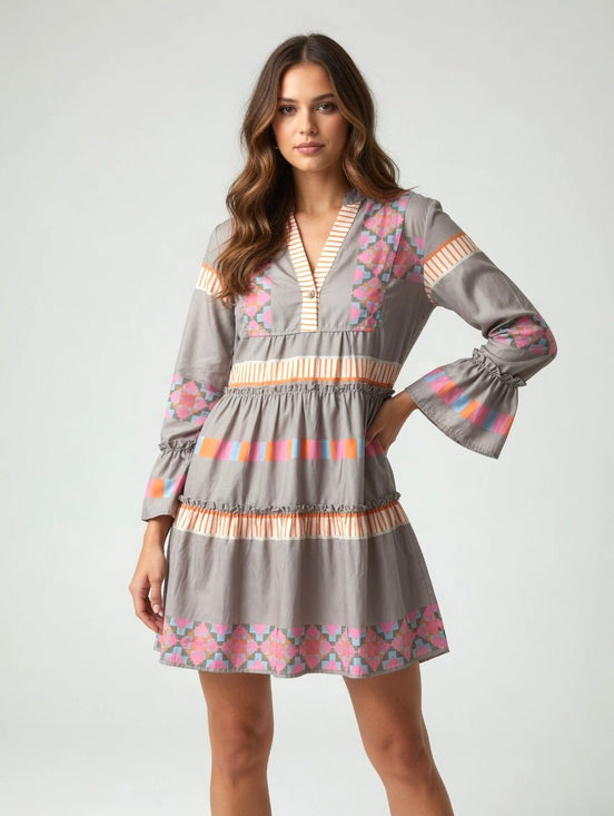 Ethnic print dress by Little Daisy Closet featuring vibrant patterns and a flowing silhouette for stylish, cultural-inspired fashion.