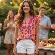 Abstract V-neck ruffled sleeve blouse from Little Daisy Closet, stylish top with flowing fabric and feminine ruffle details.