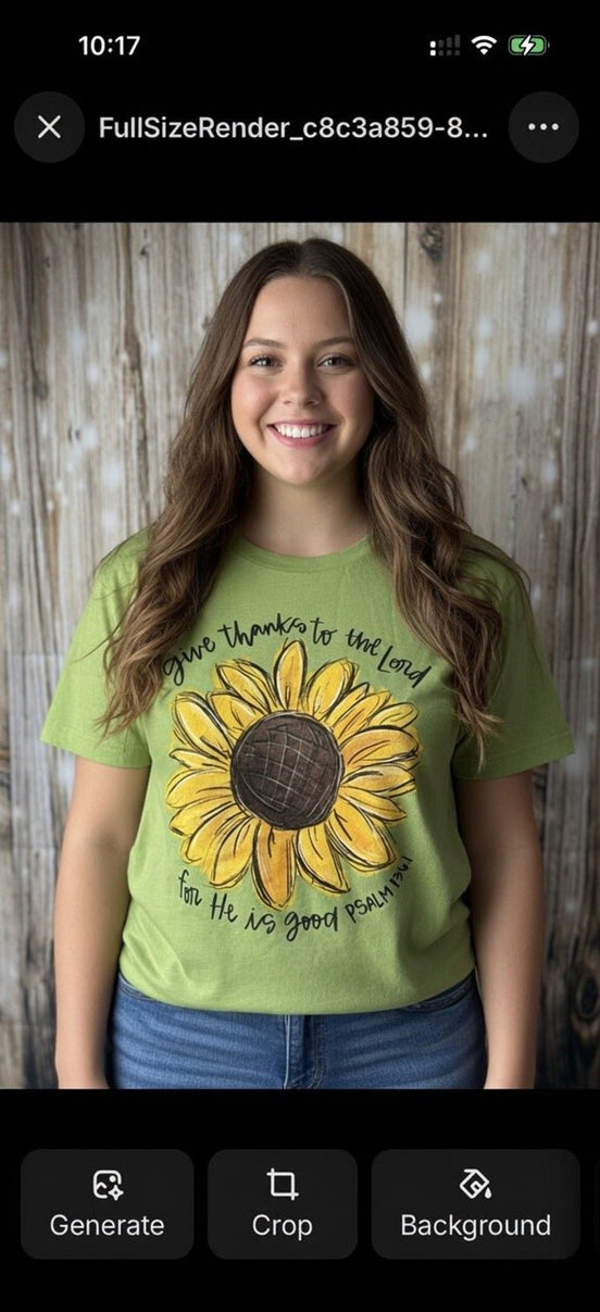 Love in Faith sunflower tee featuring "Give Thanks To The Lord" text on a soft, comfortable fabric for faith-based wear.