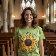 Love in Faith Give Thanks To The Lord Sunflower Tee featuring a sunflower graphic and inspirational text on soft fabric.