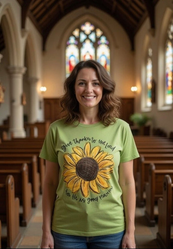 Love in Faith Give Thanks To The Lord Sunflower Tee featuring a sunflower graphic and inspirational text on soft fabric.