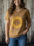 Sunflower V-neck t-shirt featuring Isaiah 40:8 Bible verse, made by Love in Faith, with a sunflower design on the front.