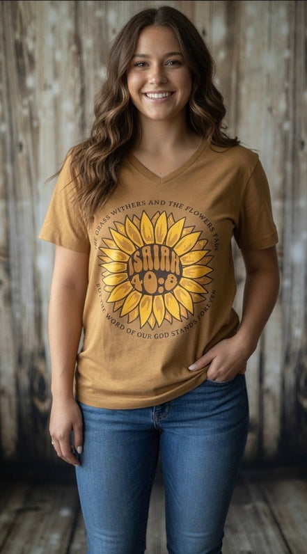 Sunflower V-neck t-shirt featuring Isaiah 40:8 Bible verse, made by Love in Faith, with a sunflower design on the front.