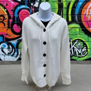 Off-white button front hooded cardigan by Miss Sparkling, featuring small buttons and a cozy, casual design.
