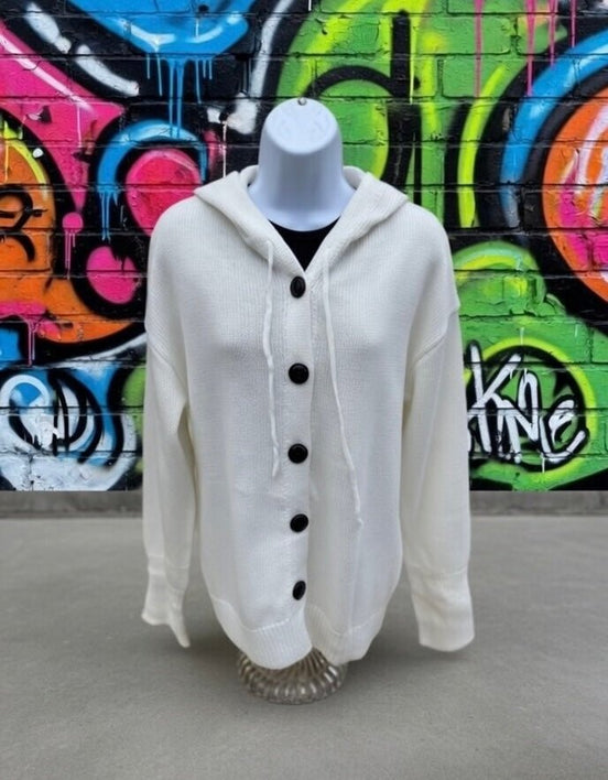 Off-white button front hooded cardigan by Miss Sparkling, featuring small buttons and a cozy, casual design.