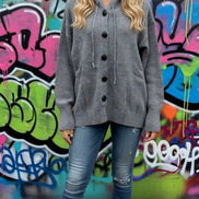 Off-white Miss Sparkling button-front hooded cardigan with small buttons and cozy hood, casual and stylish for everyday wear.