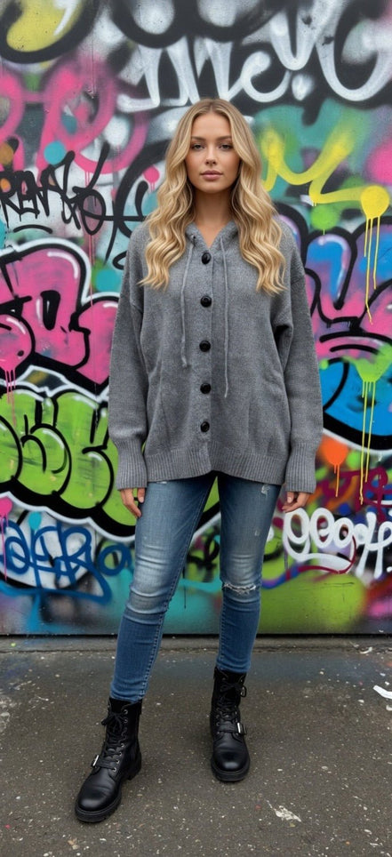 Off-white Miss Sparkling button-front hooded cardigan with small buttons and cozy hood, casual and stylish for everyday wear.