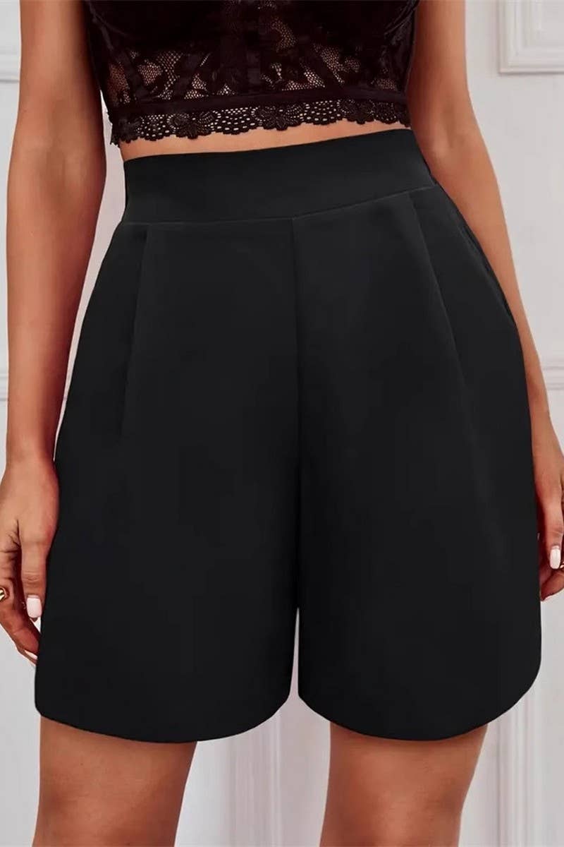 Black high-waisted wide-leg suit shorts by NINEXIS, casual style with solid color and relaxed fit.